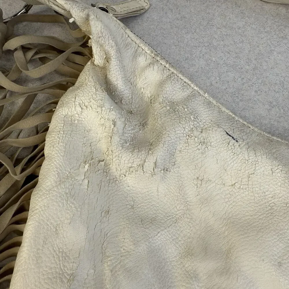 Vintage Womens Western Boho Fringe Ivory Colored‎ Purse Bejeweled Zipper